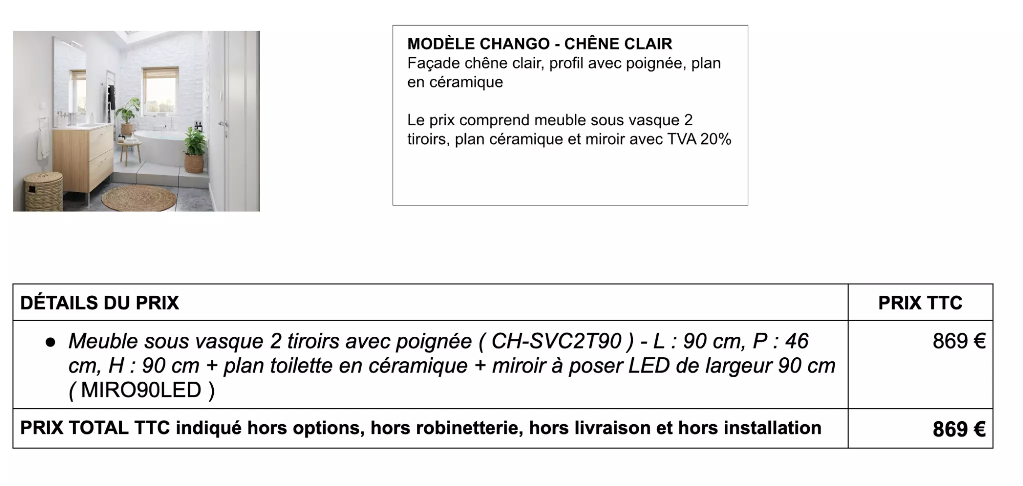 détails prix salle de bain modèle chango - chêne clair