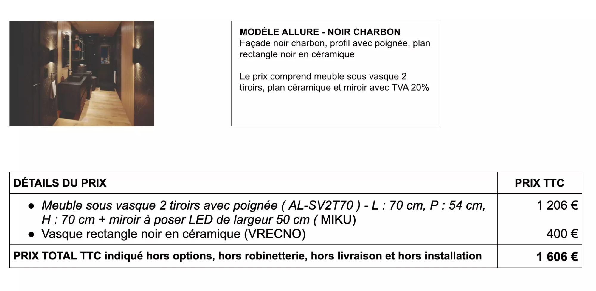 Détails prix salle de bain modèle allure