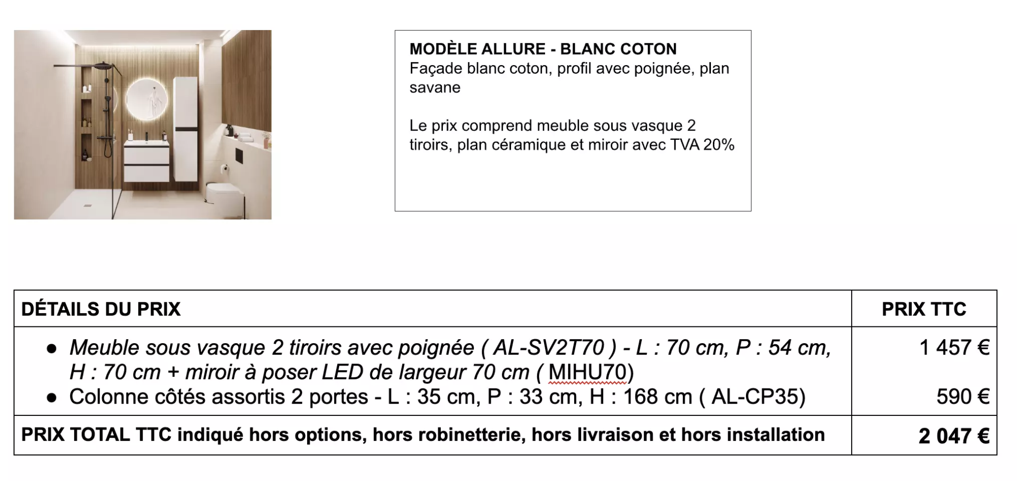 Détails prix salle de bain modèle allure - coton blanc