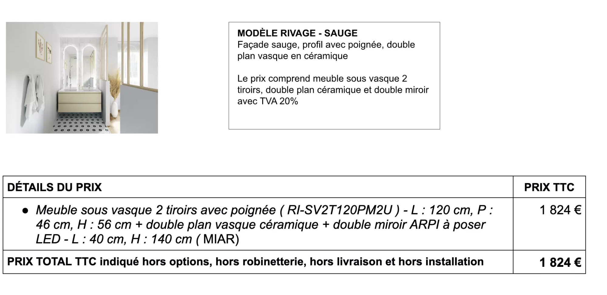 Détails prix salle de bain modèle rivage - sauge