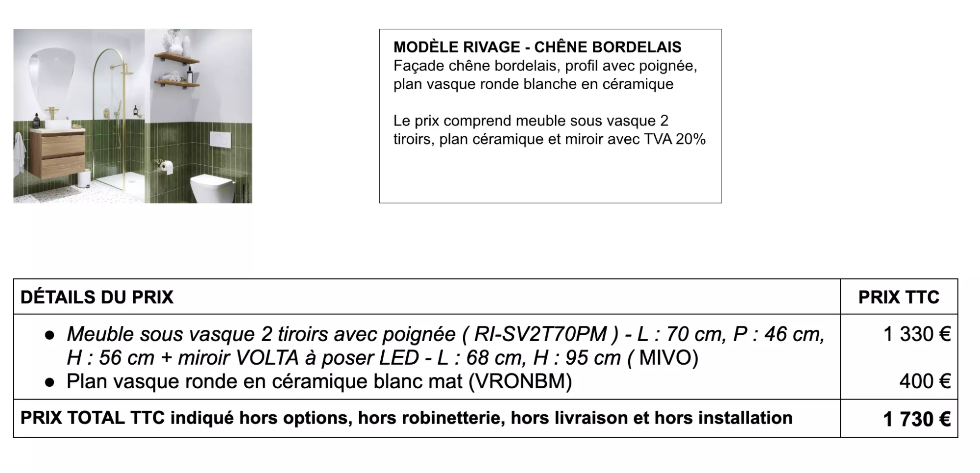 détails prix salle de bain modèle rivage - chêne bordelais