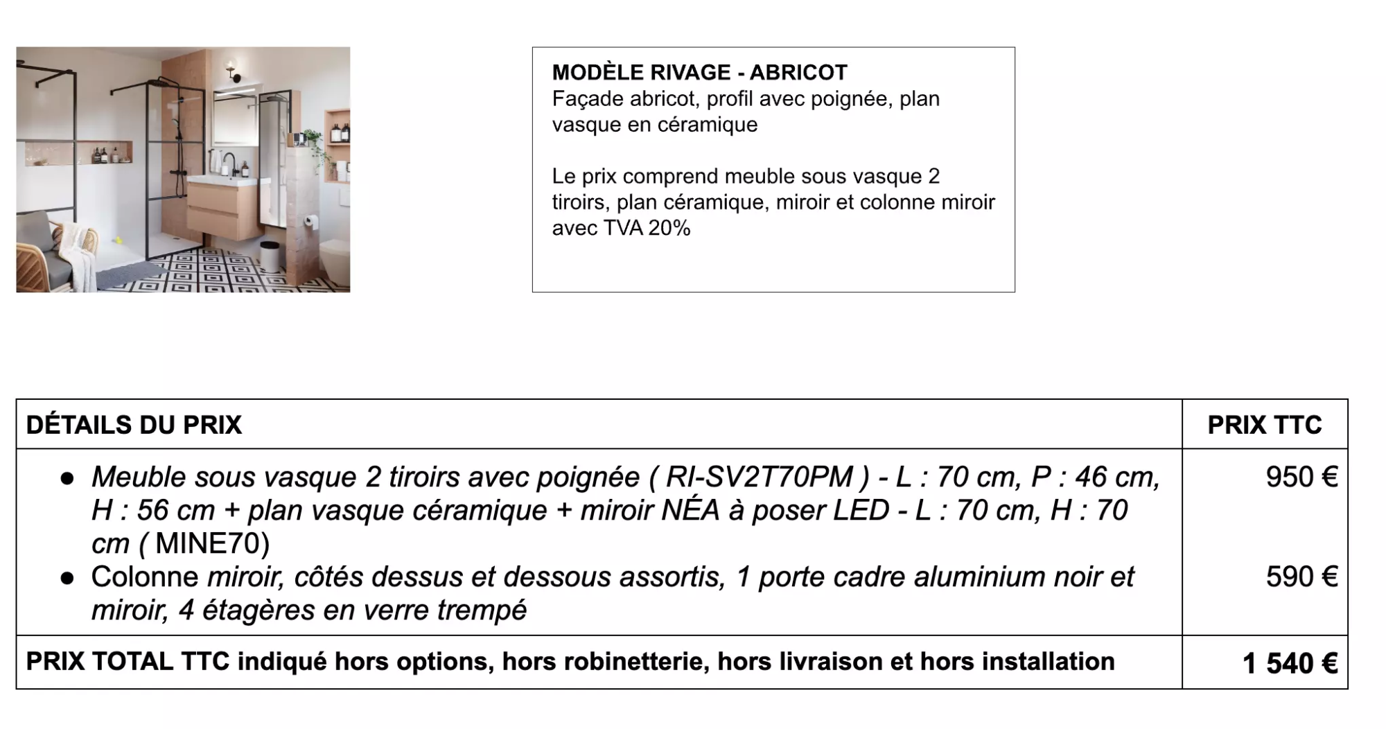 Détails prix salle de bain modèle rivage - abricot