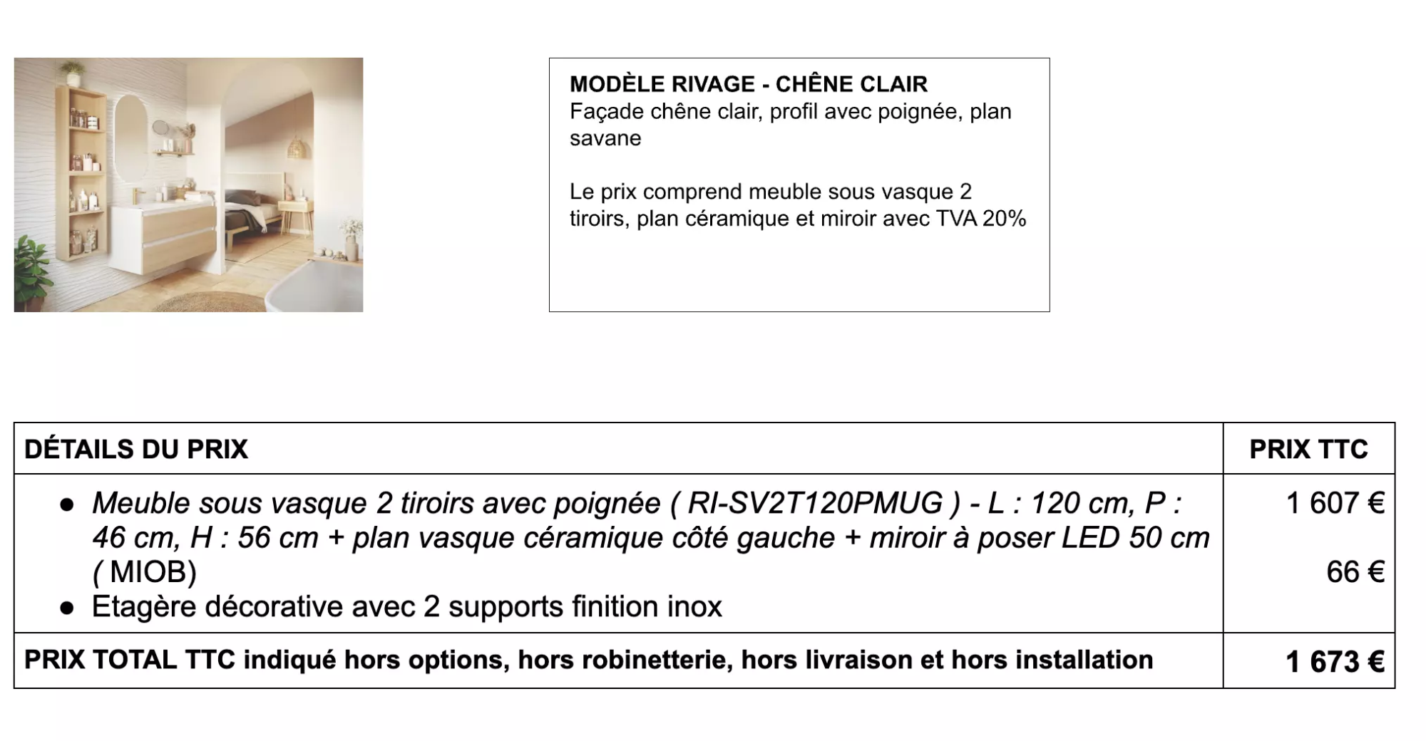 Détails prix salle de bain modèle rivage - chêne clair