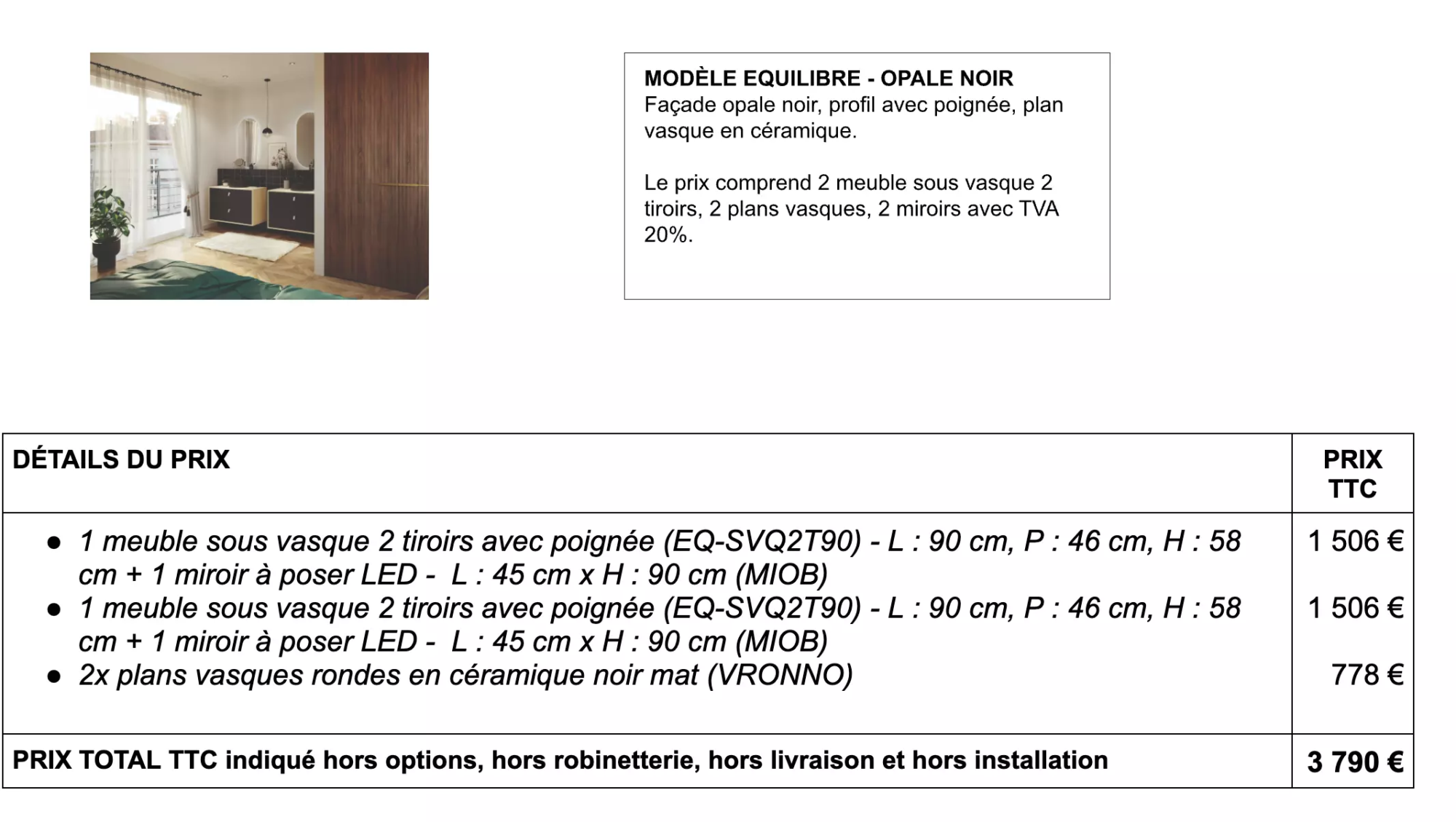 Détails prix salle de bain équilibre - opale noir